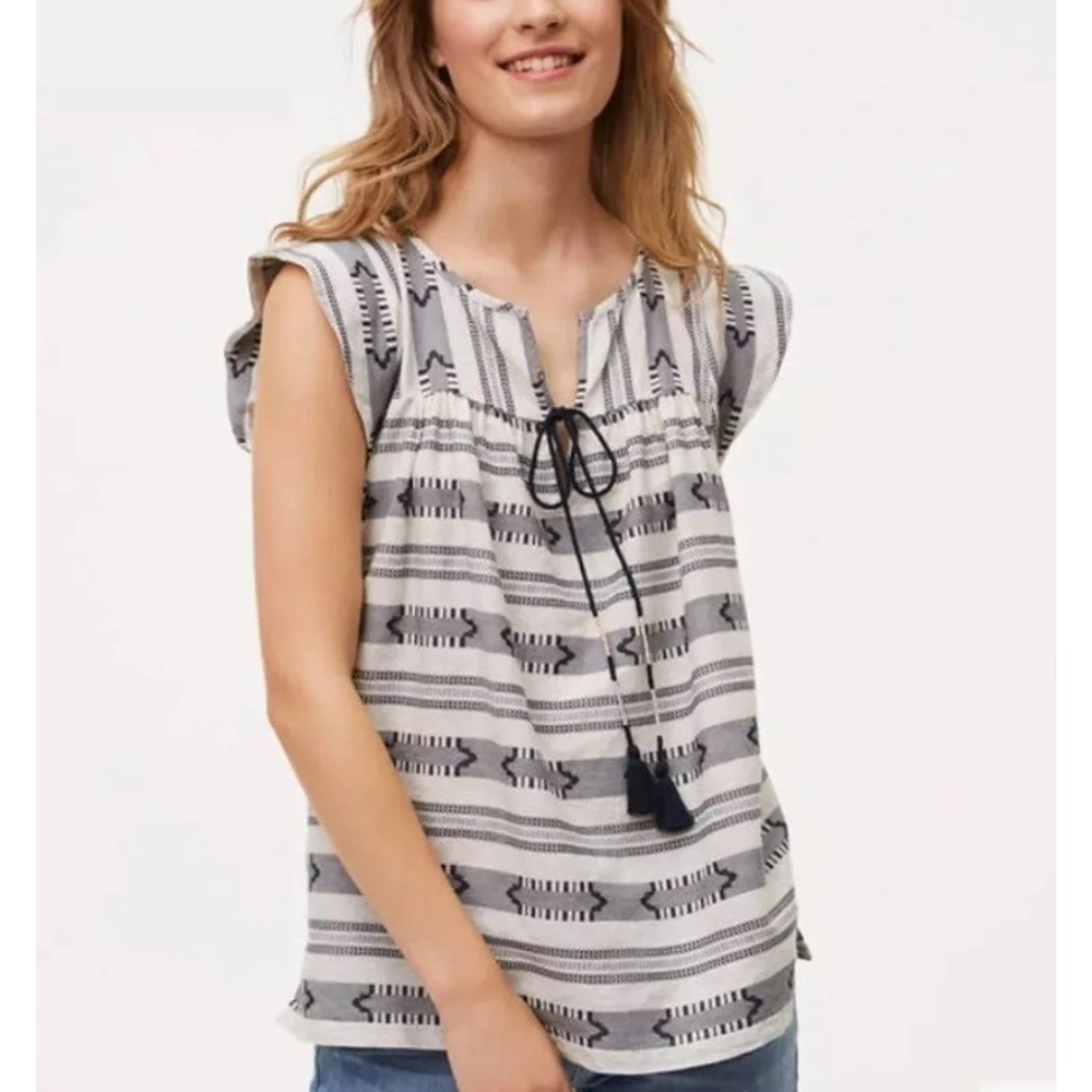 LOFT Ivory & Navy Blue 100% Cotton Boho Southwestern Aztec Flutter-Sleeve Top